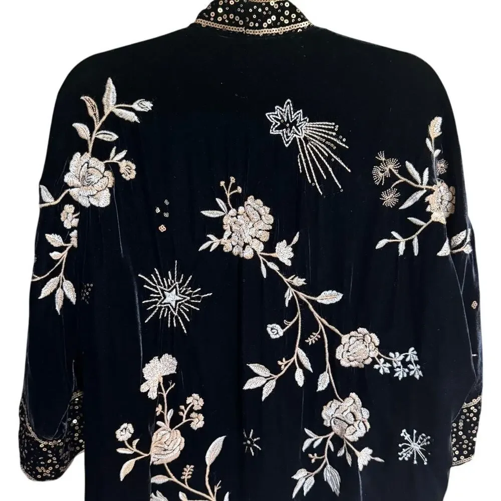 Johnny Was Ally Velvet Embroidered Sequins Kimono Black Gold Size Small